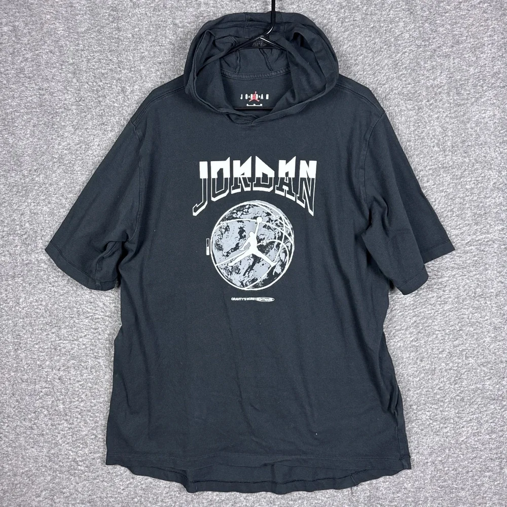 Air Jordan Hooded Shirt Mens XL Black Jumpman Graphic Dri-Fit Short Sleeve
